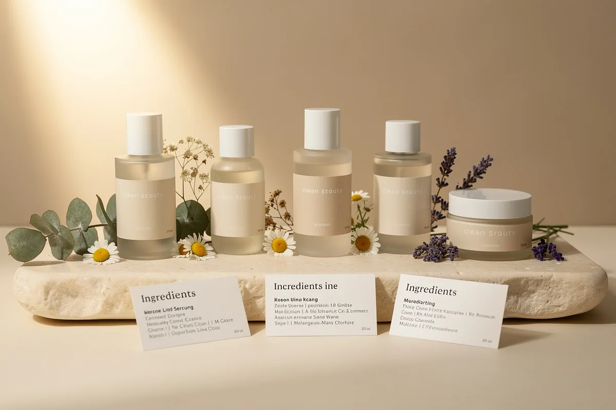 Array of clean beauty skincare products arranged on a white marble surface with botanical elements