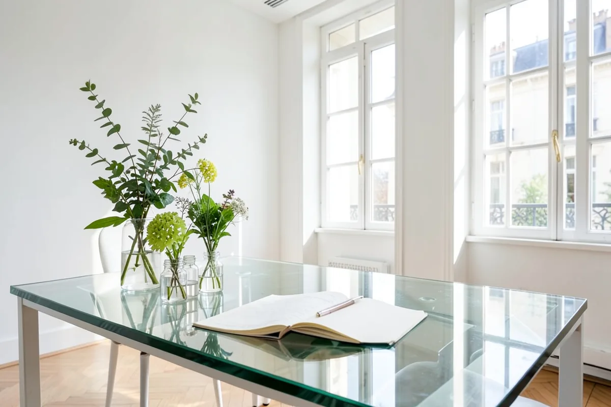 Professional clean beauty consulting workspace Paris background