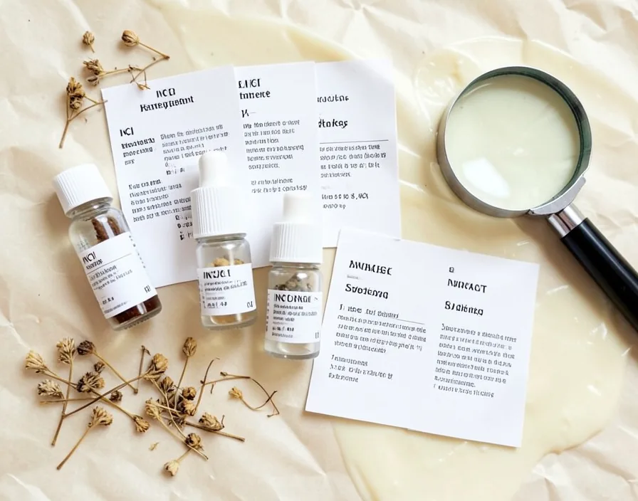 Overhead flatlay of clean skincare ingredients including botanical extracts, glass dropper bottles, and ceramic dishes