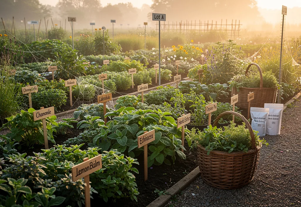 Aerial view of organic botanical farm with rows of cultivated medicinal herbs and wildflower margins for biodiversity
